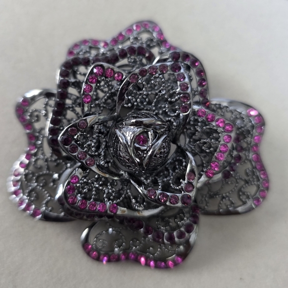Gunmetal Silver Rose Flower Brooch Pin with Purple And Fuschia Pink Stones - Picture 3 of 8